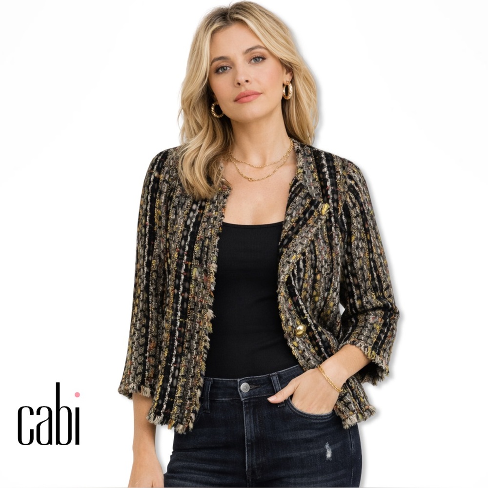 CAbi Textured Black Tweed 3/4 Sleeve Blazer with Gold Buttons Size Small